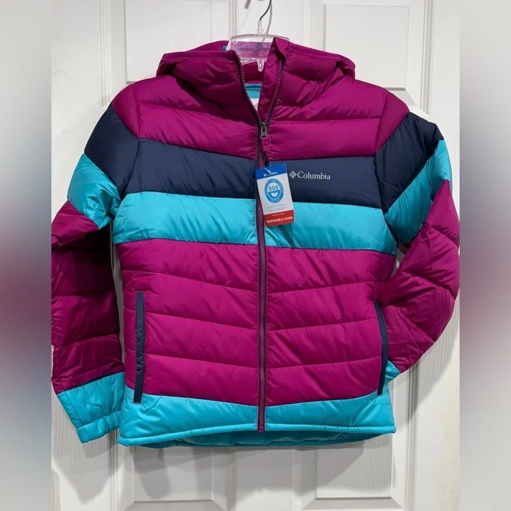 Columbia Girl's Large Tumble Rock Down Hooded Jacket NWT Pink Blue Puffer Ski